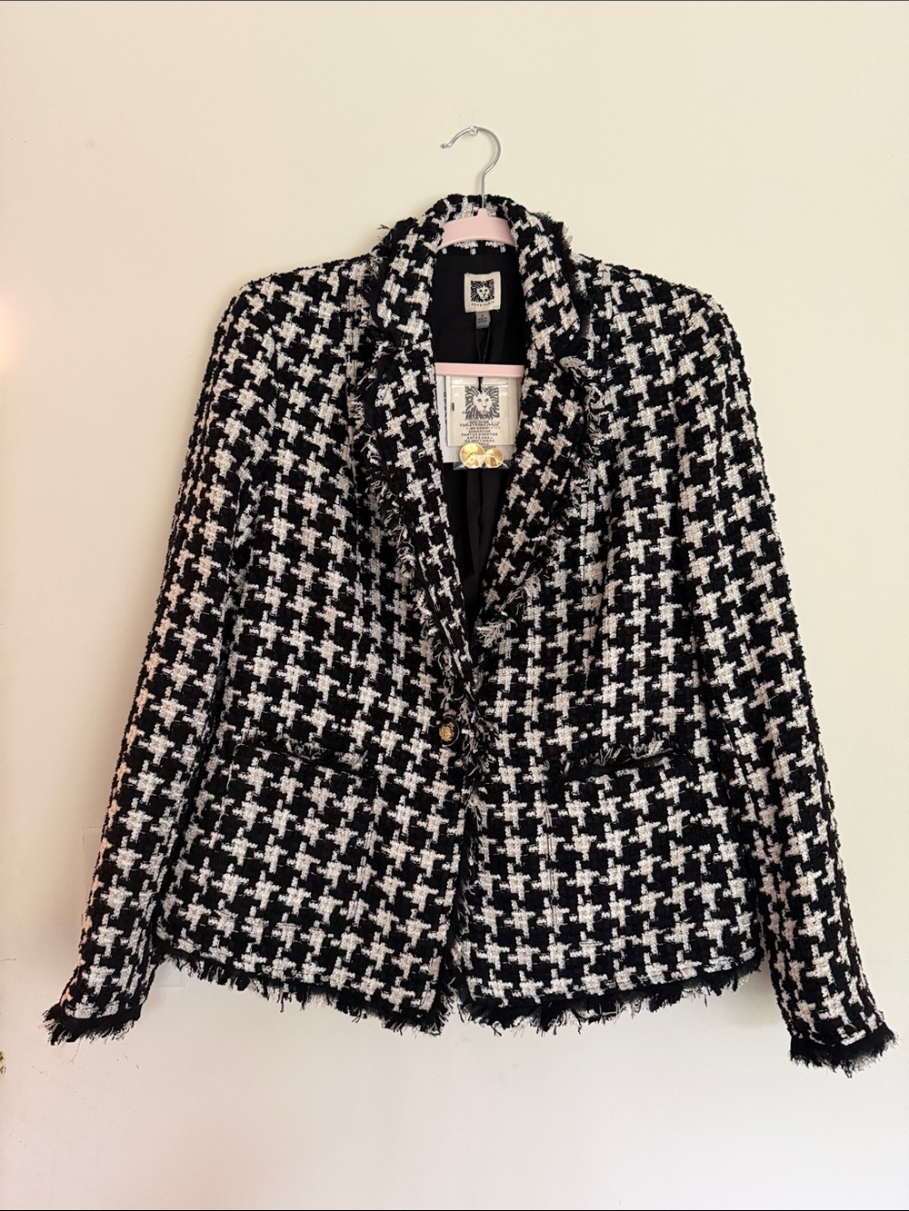 Black & White Anne Klein  Houndstooth Tweed Blazer Jacket